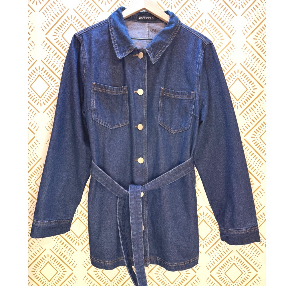 Belted Denim Trench Coat Jacket Women XL Blue Utility Spring Layering Classic